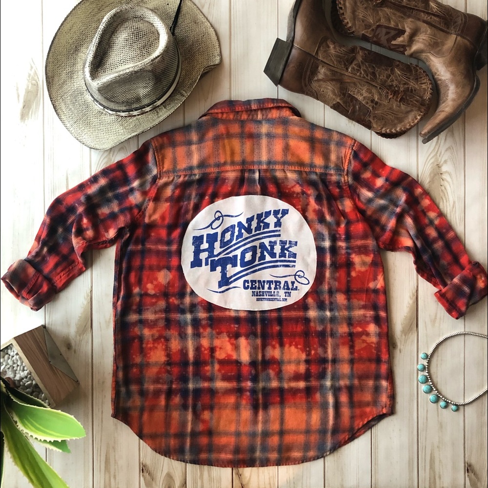 “HONKY TONK” DISTRESSED BLEACHED PLAID FLANNEL